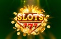 Slots 777 label frame, golden banner, border winner, Vegas game. Vector