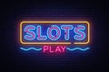 Slots Play neon sign vector. Slot Machine Design template neon sign, light banner, neon signboard, nightly bright