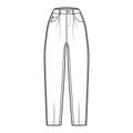 Slouchy Jeans Denim pants technical fashion illustration with ankle length, normal waist, high rise, 5 pocket, oversized