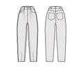 Slouchy Jeans Denim pants technical fashion illustration with ankle length, normal waist, high rise, 5 pocket, oversized