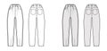 Slouchy Jeans Denim pants technical fashion illustration with ankle length, normal waist, high rise, 5 pocket, oversized