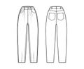 Slouchy Jeans Denim pants technical fashion illustration with ankle length, normal waist, high rise, 5 pocket, oversized