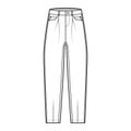 Slouchy Jeans Denim pants technical fashion illustration with full length, low waist, rise, 5 pockets, Rivets, oversized