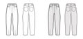 Slouchy Jeans Denim pants technical fashion illustration with full length, low waist, rise, 5 pockets, Rivets, oversized