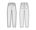 Slouchy Jeans Denim pants technical fashion illustration with full length, low waist, rise, 5 pockets, Rivets, oversized