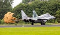 Slovak Air Force Mig-29 Fulcrum fighter jet landing with brake parachute on Leeuwarden Air Base. June 10, 2016