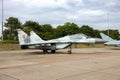 Slovak Air Force MiG-29 Fulcrum fighter jet plane on the tarmac of Leeuwarden airbase. Leeuwarden, The Netherlands - June 10, 2016