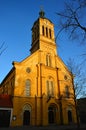 Slovak evangelical Augsburg church in Modra in evening spring sunshine, clear blue skies. Built in neoroman architectural style