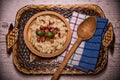 Slovak traditional dishes potato gnocchi with sheep`s cheese, on a wooden table laid on the table Royalty Free Stock Photo