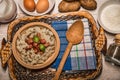 Slovak traditional dishes potato gnocchi with sheep`s cheese, on a wooden table laid on the table Royalty Free Stock Photo