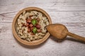 Slovak traditional dishes potato gnocchi with sheep`s cheese, on a wooden table laid on the table Royalty Free Stock Photo