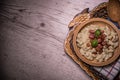 Slovak traditional dishes potato gnocchi with sheep`s cheese, on a wooden table laid on the table Royalty Free Stock Photo