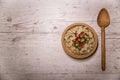 Slovak traditional dishes potato gnocchi with sheep`s cheese, on a wooden table laid on the table Royalty Free Stock Photo