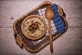 Slovak traditional dishes potato gnocchi with sheep`s cheese, on a wooden table laid on the table Royalty Free Stock Photo