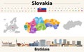 Slovakia administrative divisions map. Flag of Slovakia. Bratislava cityscape. Vector illustration
