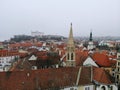 Slovakia, Bratislava. Historical centre. Aerial view from above, created by drone. Foggy day town landscape, travel photography.