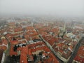 Slovakia, Bratislava. Historical old city centre. Aerial view from above, created by drone. Foggy day town landscape, travel