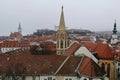 Slovakia, Bratislava. Historical old city centre. Aerial view from above, created by drone. Foggy day town landscape, travel