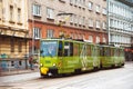 Slovakia, Bratislava, 11 march 2020 Photo green tram on the old street