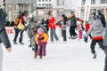 Slovakia.Bratislava.05.01.2020.Soft,Selective focus.Enjoying winter outdoor activities.People ice skating on the City