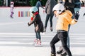 Slovakia.Bratislava.28.12.2018 .Soft,Selective focus.People ice skating on the City Park Ice Rink Adorable little kisd