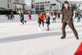 Slovakia.Bratislava.28.12.2018.Soft,Selective focus. People ice skating on the City Park Ice Rink in Europe. Enjoying