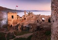 Slovakia castle at sunrise with mist - Ruin of Povazsky hrad