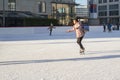 Slovakia, December 2018 ice skating. Girl teenager skates. Outdoor activities on the street.outdoor ice skating at rink