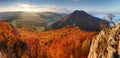 Slovakia forest autumn panorana landscape with mountain at sunri