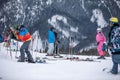 Slovakia, Jasna - February 4, 2022: winter mountains view ski resort slopes people skiing and snowboarding Royalty Free Stock Photo