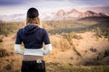 Slovakia mountain landscape. Nature fields. High Tatras, Europe, Belianske Tatry. Happy woman is standing in mountains. Royalty Free Stock Photo