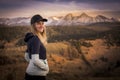 Slovakia mountain landscape. Nature fields. High Tatras, Europe, Belianske Tatry. Happy woman is standing in mountains. Royalty Free Stock Photo