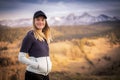 Slovakia mountain landscape. Nature fields. High Tatras, Europe, Belianske Tatry. Happy woman is standing in mountains. Royalty Free Stock Photo