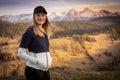 Slovakia mountain landscape. Nature fields. High Tatras, Europe, Belianske Tatry. Happy woman is standing in mountains. Royalty Free Stock Photo