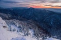 Slovakia mountain at winter. Winter sunset with forest in Slovakia from peak Tlsta, Fatra. Royalty Free Stock Photo
