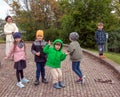 A group of schoolchildren with teachers on an excursion in Nitrograd