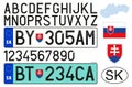 Slovakia Republic car license plate, letters, numbers and symbols, EU