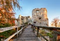 Slovakia - ruin of castle Uhrovec at nice autumn sunset landscape