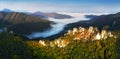 Slovakia - Sulov, aerial mountain forest panorama with fog Royalty Free Stock Photo