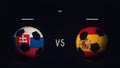 Slovakia vs Spain Euro 2020 football matchday announcement. Two soccer balls with country flags, showing match infographic,