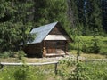 Slovakia, Western Tatra mountain, July 3, 2019: wooden timbered house cottage Koliba Horica at beginning of Uzka dolina