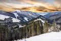 Slovakia, winter mountain forest snow sunset landscape Royalty Free Stock Photo