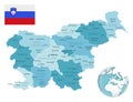 Slovenia administrative blue-green map with country flag and location on a globe.