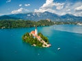 Slovenia - Aerial view resort Lake Bled. Aerial FPV drone photography Royalty Free Stock Photo