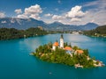 Slovenia - Aerial view resort Lake Bled. Aerial FPV drone photography Royalty Free Stock Photo