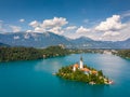 Slovenia - Aerial view resort Lake Bled. Aerial FPV drone photography Royalty Free Stock Photo