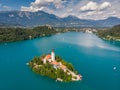 Slovenia - Aerial view resort Lake Bled. Aerial FPV drone photography Royalty Free Stock Photo