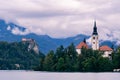 Slovenia bled lake view church castle clouds water roadtrip Royalty Free Stock Photo