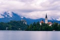 Slovenia bled lake view church castle clouds water roadtrip Royalty Free Stock Photo