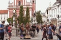 Slovenia, City of Ljubljana, July 15, 2019. Street musicians in the historic center.